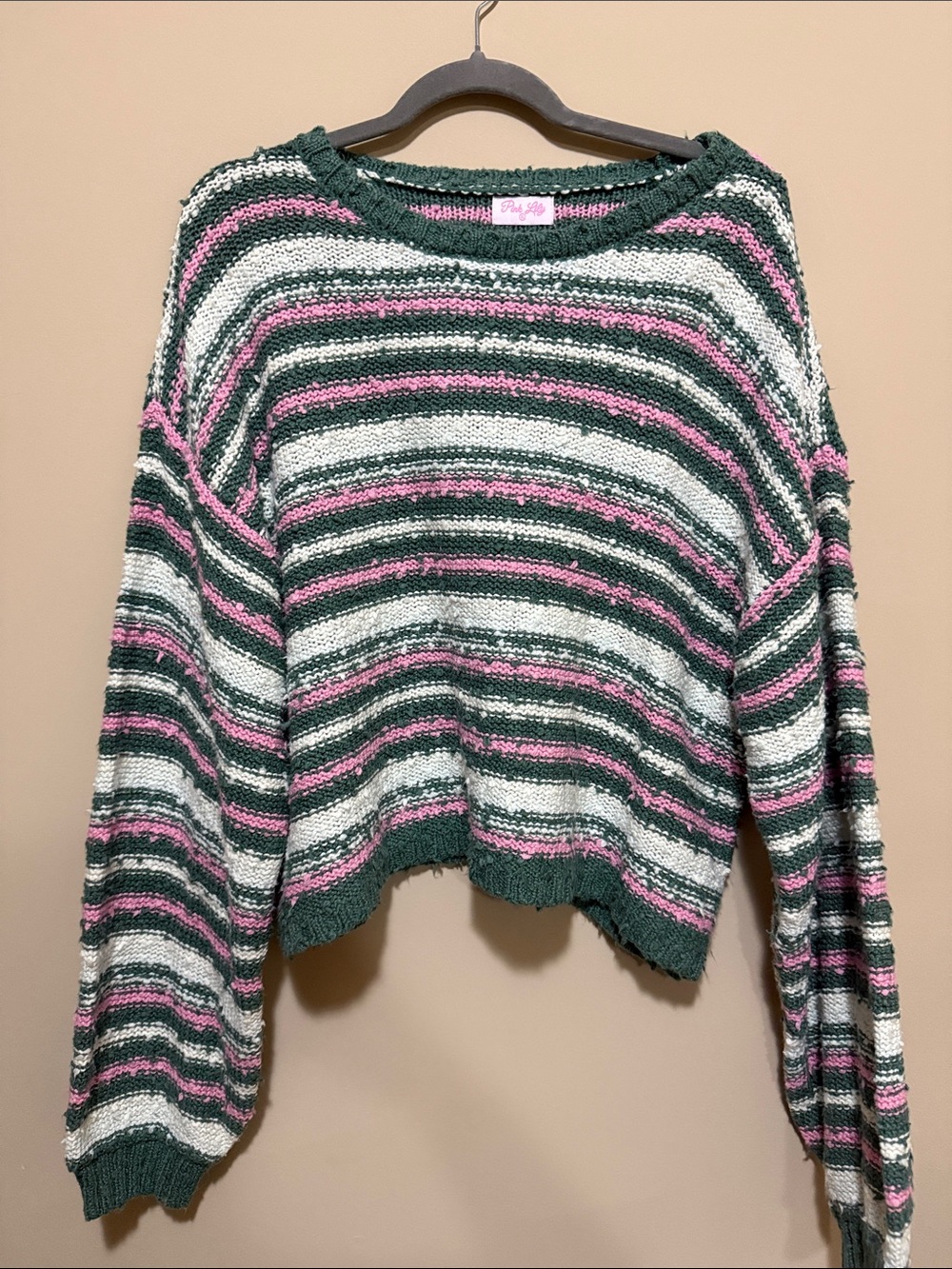 Pink Lily - NWOT Green & Pink Striped Cropped Knit Sweater